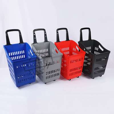 Cheaper Price Capacity Plastic Supermarket Shopping Basket With Handle And 2 Wheels