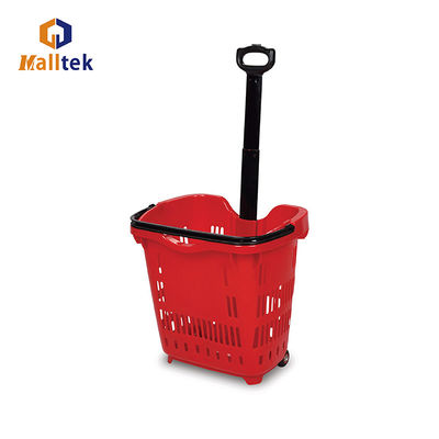 Red Telescopic Handle Plastic Rolling Basket With Two Wheels For Convenience Store