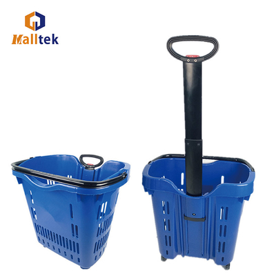 Hot Sale Telescopic Handle Plastic Rolling Basket With Two Wheels