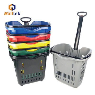 Red Telescopic Handle Plastic Rolling Basket With Two Wheels For Convenience Store
