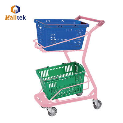 Pink Metal Supermarket Shopping Trolley With Two Baskets For Retail Grocery Store
